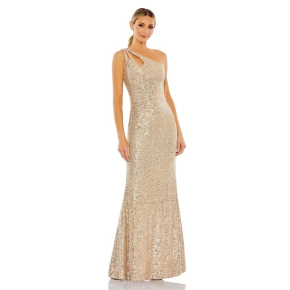 Mac Duggal 42029 NWT SEQUINED STRAPPY ONE SHOULDER COLUMN GOWN - Picture 1 of 7